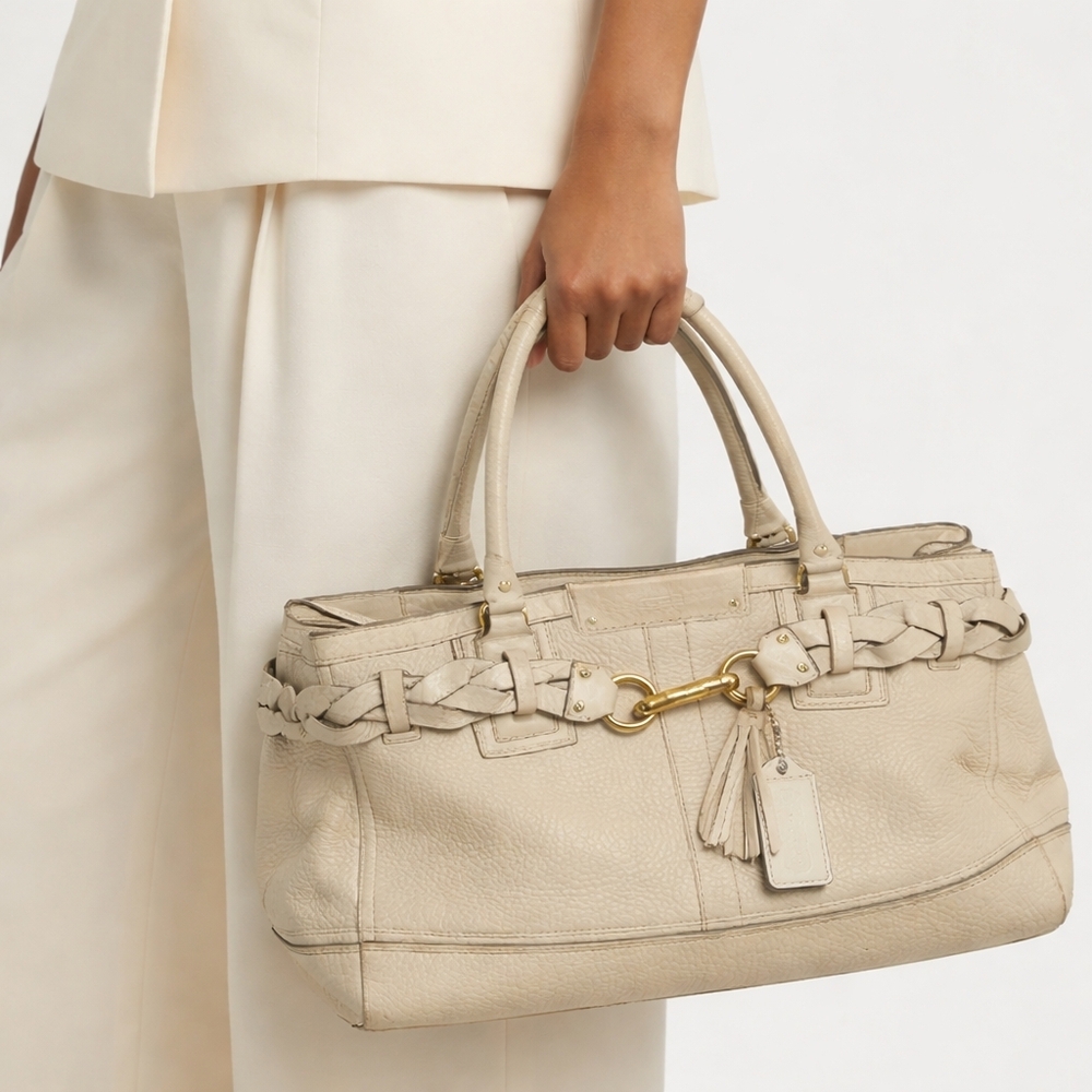 Coach Cream Braided Leather Shoulder Bag with Gold Hardware